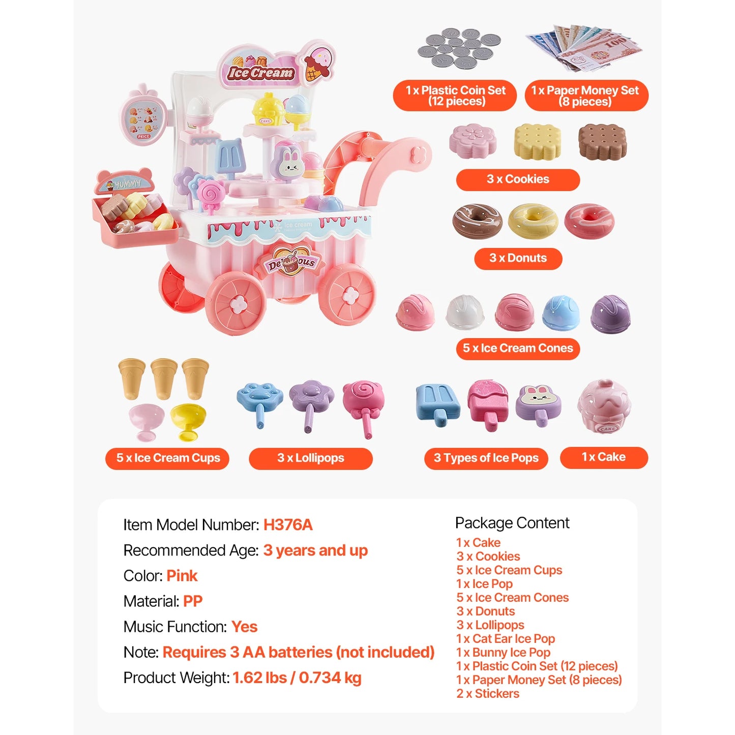 VEVOR Pink/Green Kids Ice Cream Cart Pretend Play Store Dolly with Sound & Light Effect Montessori Educational Toys for Children