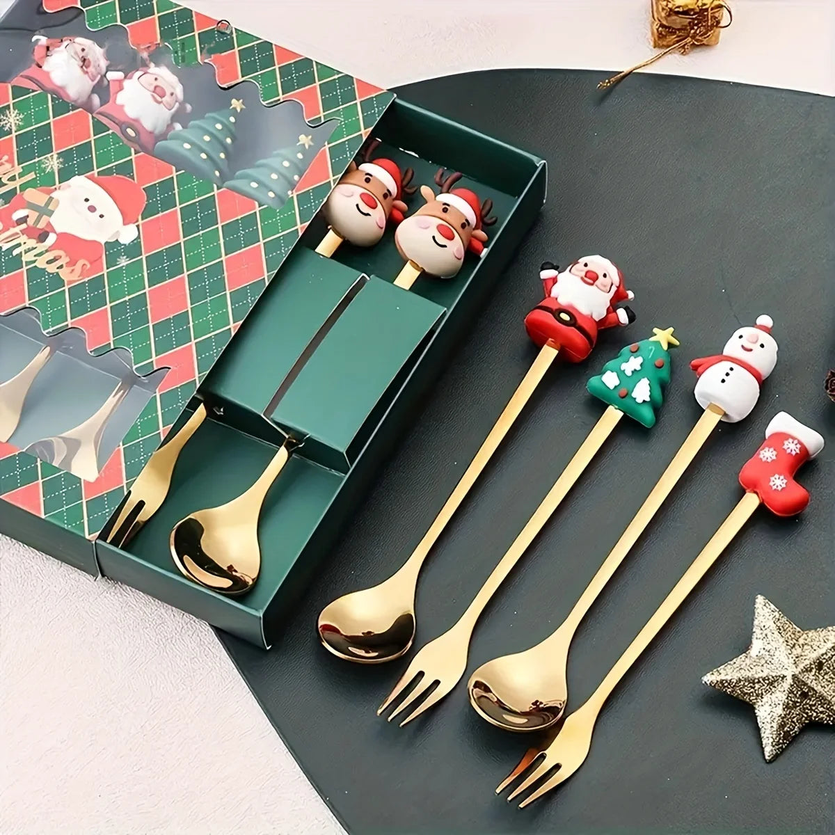 2/4/6Pcs Christmas Fork And Spoon Set,Stainless Steel Creative Tableware,Coffee Tea Dessert Forks And Spoons Gift Set