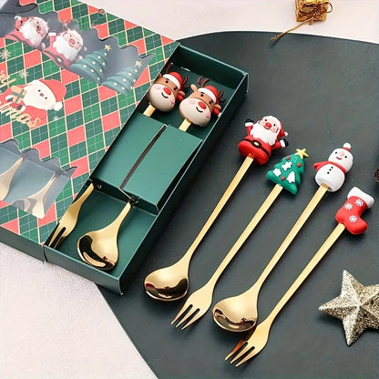 2/4/6Pcs Christmas Fork And Spoon Set,Stainless Steel Creative Tableware,Coffee Tea Dessert Forks And Spoons Gift Set