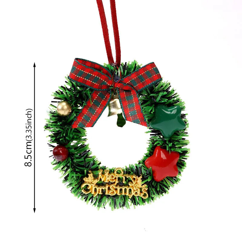 Merry Chrismas Wreath Pendant with Bell Car Door Hanging Decoration Mini Christmas Party Drop Wreath DollhouseOrnaments Supplies