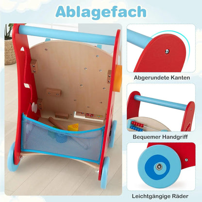 Wooden Walker, Baby Walker with Handle, Wheels for Pushing & Pulling, Montessori Learning Toy for Sitting & Standing