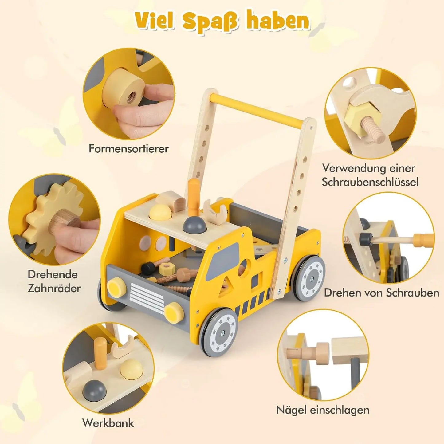 2-in-1 Wooden Walker with Multi-Activity Centre & Workbench, Baby Walker, Walker for Girls and Boys from 1 Year