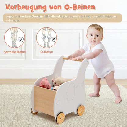 2 in 1 Wooden Baby Walker with Large Toy Box, Elephant Shape, for Children from 1 Year Old, 32 x 48 x 56 cm (White)