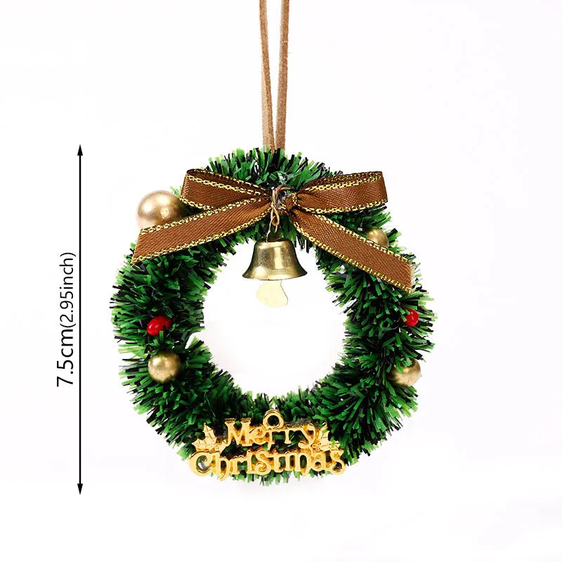 Merry Chrismas Wreath Pendant with Bell Car Door Hanging Decoration Mini Christmas Party Drop Wreath DollhouseOrnaments Supplies