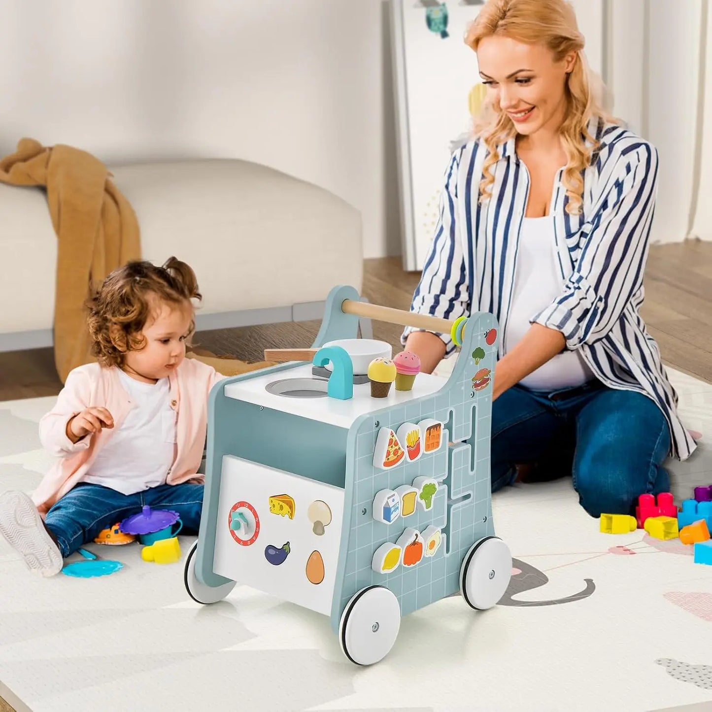 Wooden Walker with Play Kitchen, Learning Clock, Shape Adjustment & Movable Slider, Children's Kitchen Baby Walker with Wheels