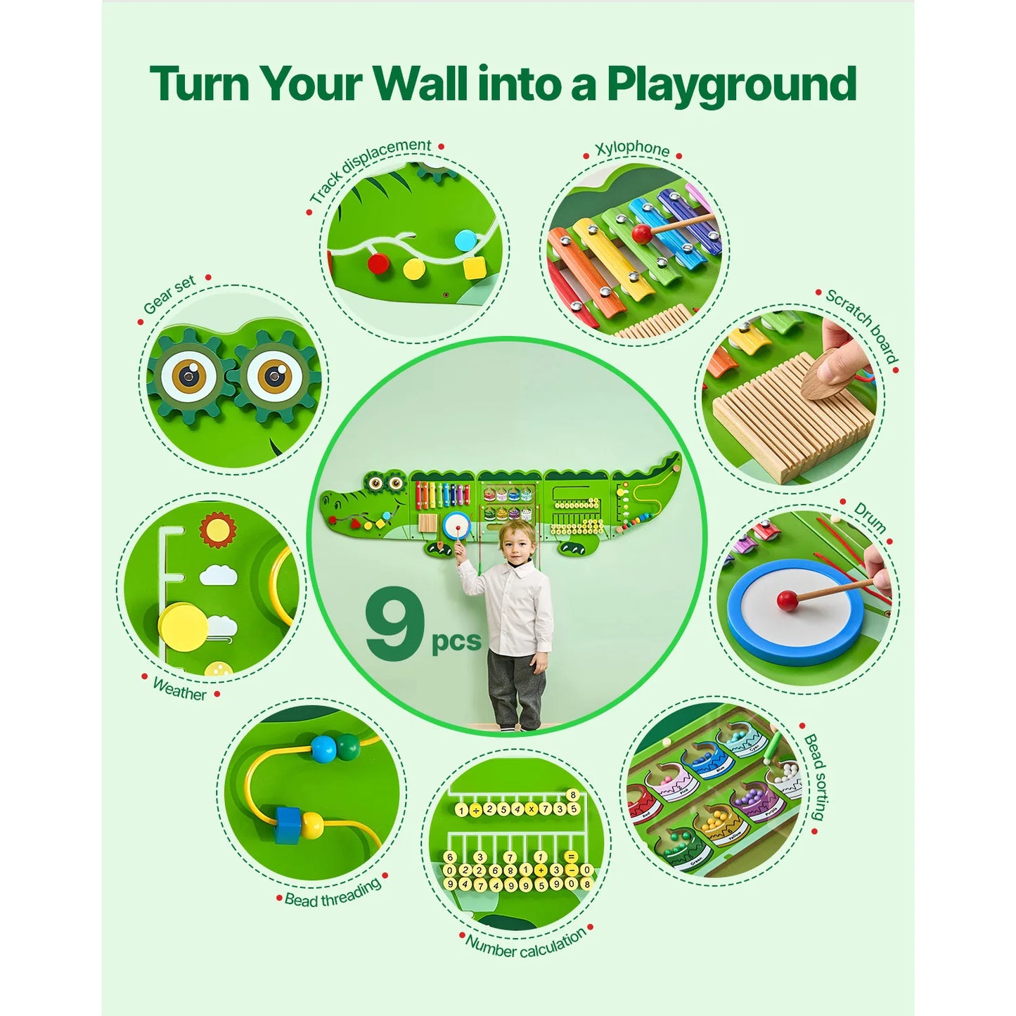 VEVOR 9-Activities Crocodile Kids Busy Hanging Board Toy Montessori Early Learning Puzzle Decor Panels Toys for Children Gifts