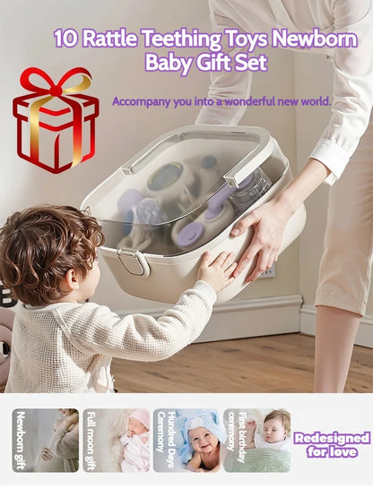 10Pcs Baby Rattles & Teethers Set Infant Toys 6+ Months Teether Grasping Shake Toys Sensory Toy with Soft Textures Newborn Gifts