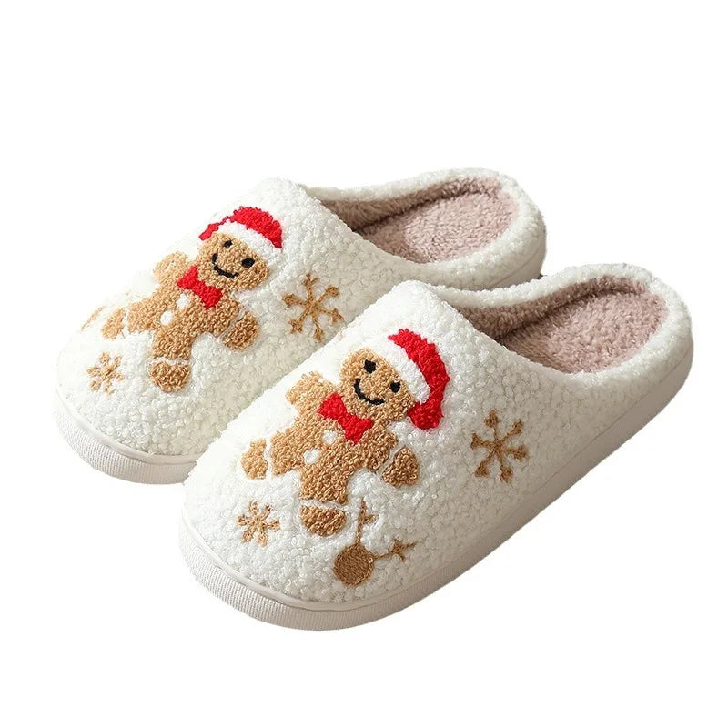 Christmas Women Slippers Cute Gingerbread Winter Warm Slides Couple Houseshoes Men Bedroom Flat Soft Sole Home Shoes for Gift