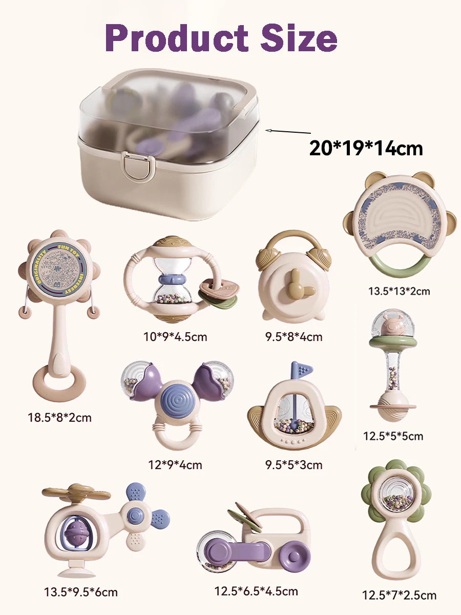 10Pcs Baby Rattles & Teethers Set Infant Toys 6+ Months Teether Grasping Shake Toys Sensory Toy with Soft Textures Newborn Gifts