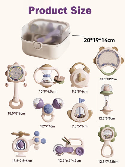 10Pcs Baby Rattles & Teethers Set Infant Toys 6+ Months Teether Grasping Shake Toys Sensory Toy with Soft Textures Newborn Gifts