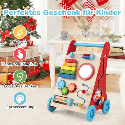 Wooden Walker, Baby Walker with Handle, Wheels for Pushing & Pulling, Montessori Learning Toy for Sitting & Standing