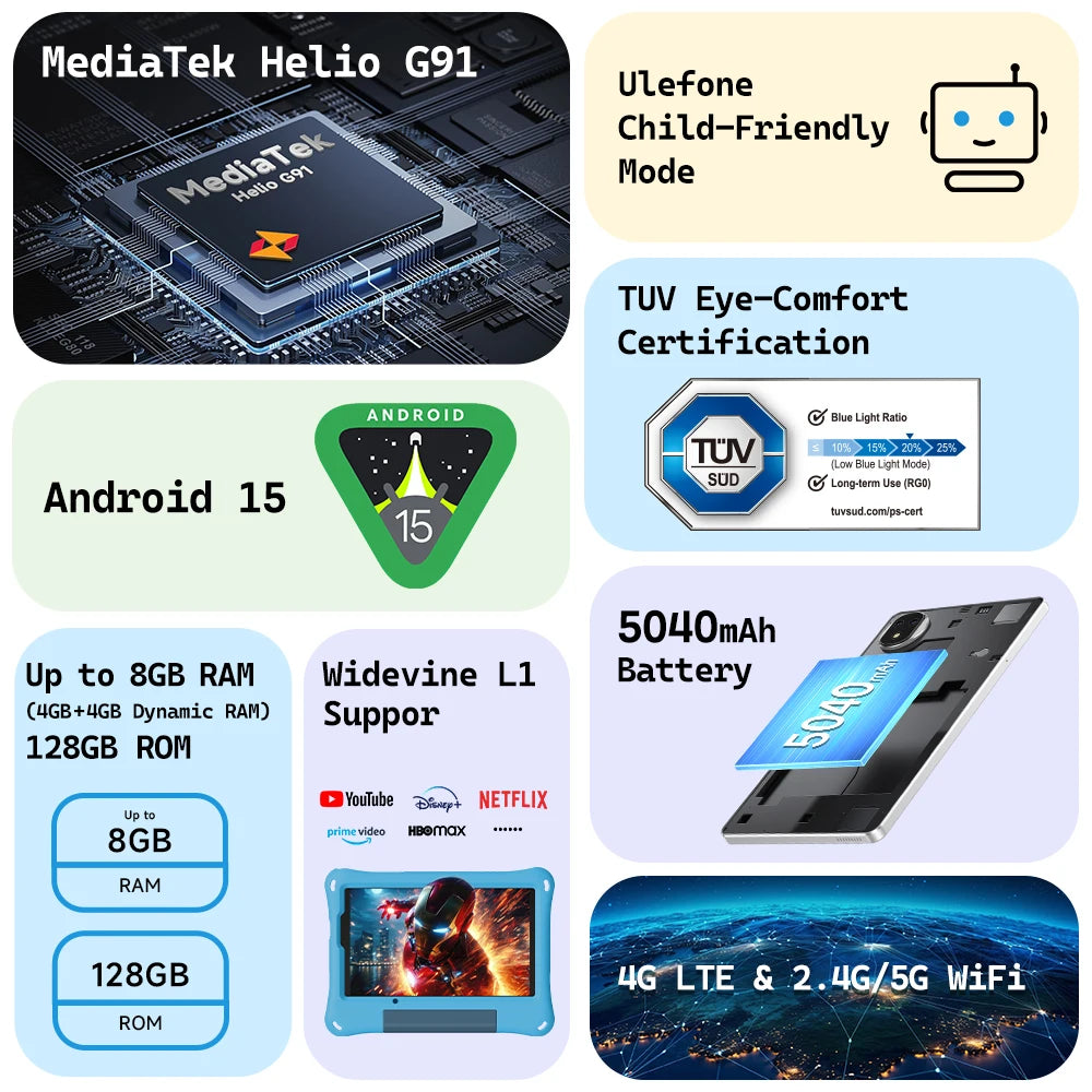Ulefone Tab A9 Pro Kids Tablet 8.68" 90Hz Display 8GB(4+4) RAM 128GB ROM 4G MTK G91 Android 15 Tablet