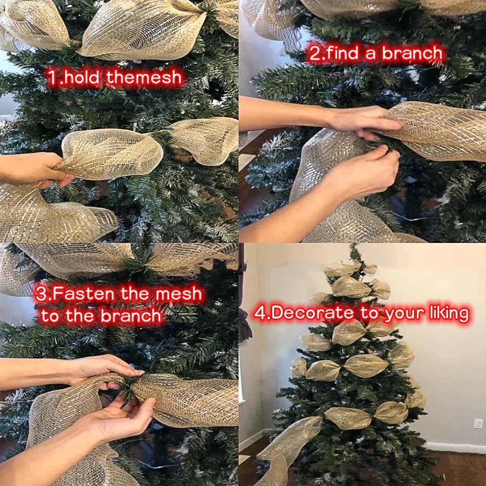 2024 Christmas Ribbon Tree Decoration Mesh Tulle Roll Fabric Pendant Merry Christmas Home Decor Xmas Gifts DIY Happy New Year